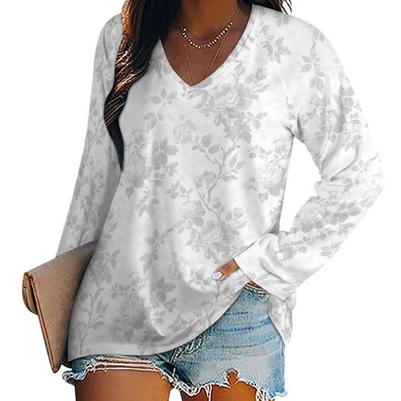 White Floral Women Long Sleeve Tshirt Loose Fit, Flowers Relaxed V
