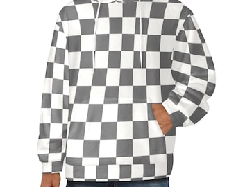 Checkered Flannel Hoodie, Brown Grey White Check Fleece Lined Heavyweight Pocket Men Women Unisex Graphic Hooded Sweatshirt Jacket