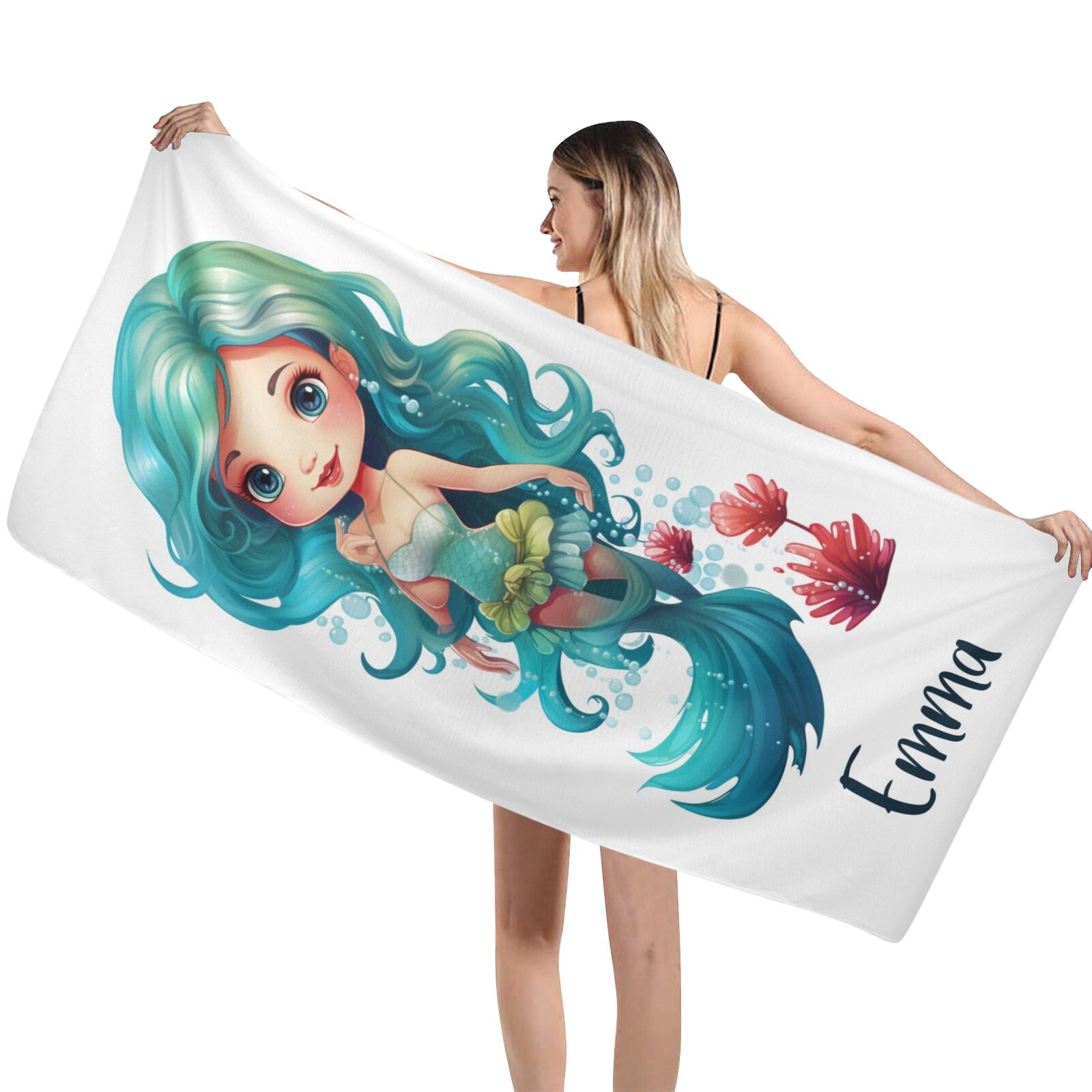 Telo Mare Personalizzato A Forma Di Sirena Con Nome - Microfibra 90x180 Cm Per Bambine