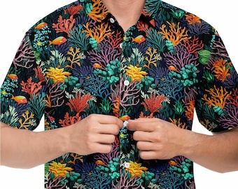 Coral Reef Short Sleeve Men Button Up Shirt, Sea Ocean Beach Tropical Fish Print Casual Buttoned Down Summer Collared Dress Shirt