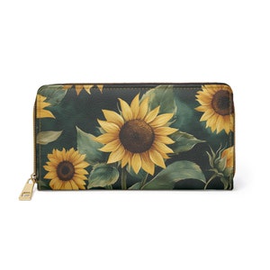 Cartera de piel con diseño de girasol para mujer, con diseño floral, vegana, con cremallera alrededor, para monedas, tarjetas de crédito, dinero en efectivo, monedero fino para mujer
