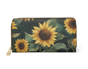Cartera de piel con diseño de girasol para mujer, con diseño floral, vegana, con cremallera alrededor, para monedas, tarjetas de crédito, dinero en efectivo, monedero fino para mujer