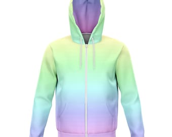 Pastel Rainbow Zipper Hoodie, Tie Dye Hooded Sweatshirt Kawaii Goth Pink Purple Printed Ombre Colorful Cotton Pocket Zip Up Hoodie