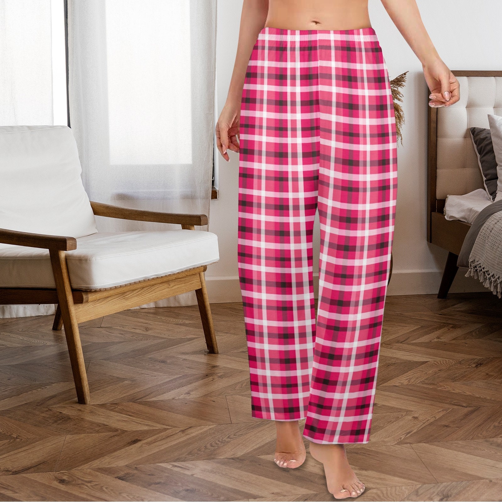 Red Pink Plaid Women Pajamas Pants Buffalo Check Christmas Xmas Satin PJ Funny Pockets Trousers Couples Matching Ladies Trousers Bottoms