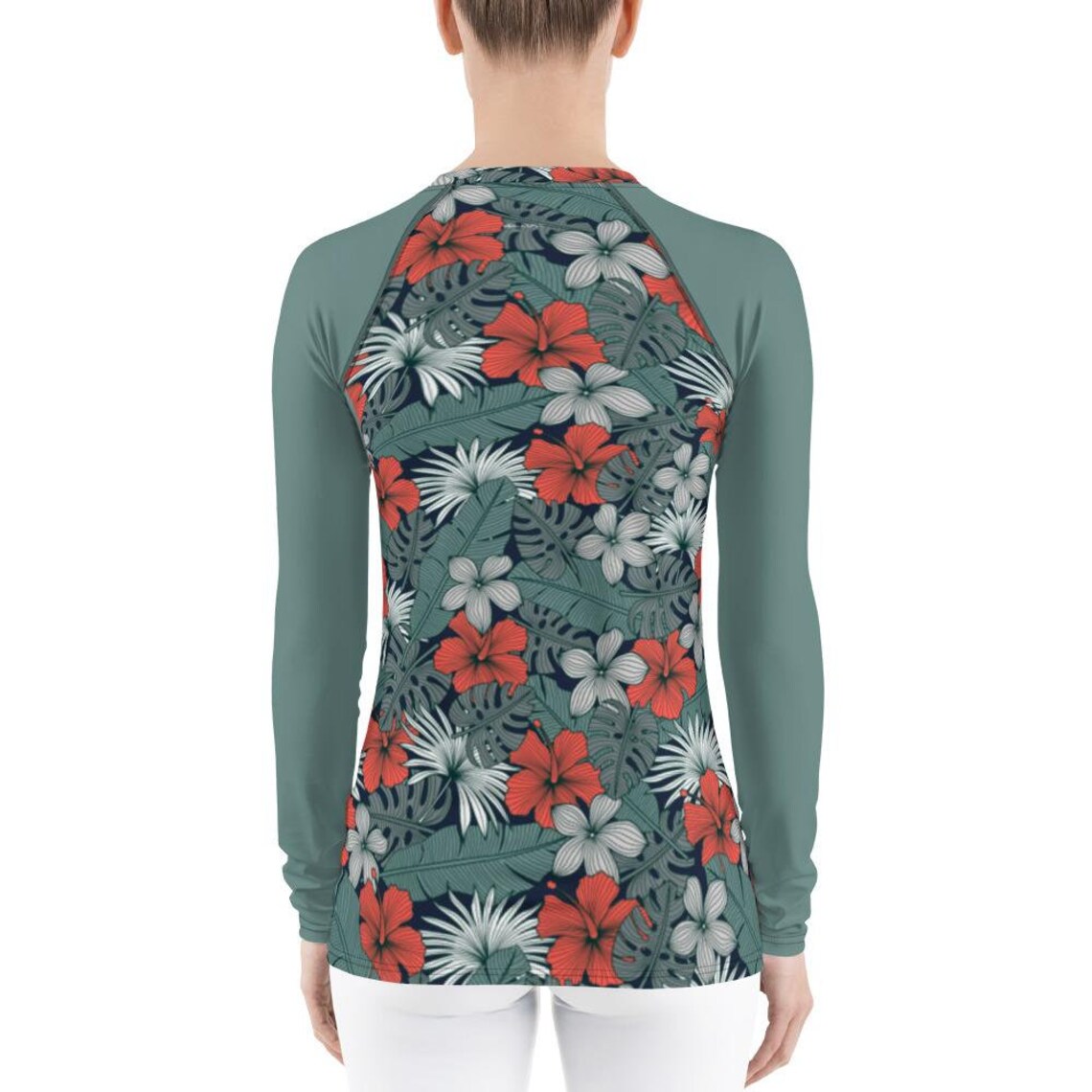 Hawaiian Flower Print Women's Rash Guard Green Print Surf Etsy