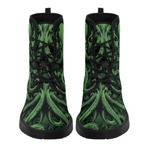 Octopus Men Leather Boots, Tentacles Green Vegan Lace Up Shoes Hiking Festival Black Ankle Combat Work Winter Waterproof Custom Gift image 5