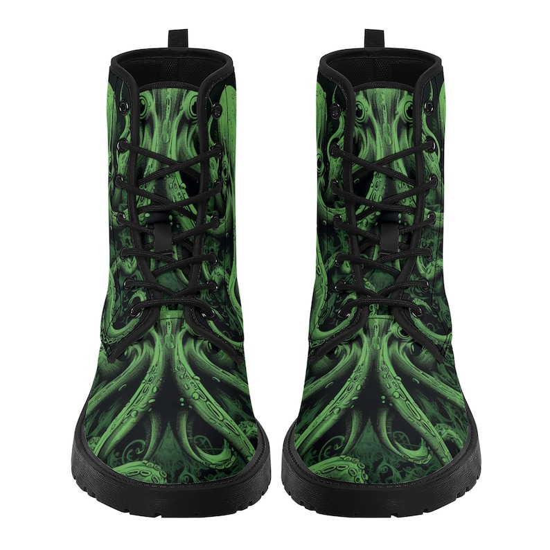 Octopus Men Leather Boots, Tentacles Green Vegan Lace Up Shoes Hiking Festival Black Ankle Combat Work Winter Waterproof Custom Gift image 5