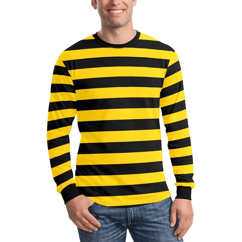 May include: A long-sleeved shirt with black and yellow horizontal stripes.