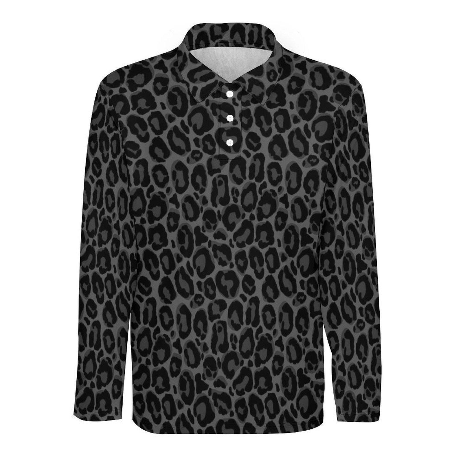 Black Leopard Men Long Sleeve Polo Shirt, Animal Print Grey Slim