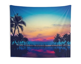 Tropical Palm Trees Pool Tapestry, Sunset Landscape Interior Wall Art Hanging Tapestries Large Small Decor Home Dorm Room Gift