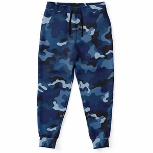 Navy Blue Camo Joggers Sweatpants with Pockets, Camouflage Women Men Fleece Sustainable Fun Comfy Sweats Pants Loungewear