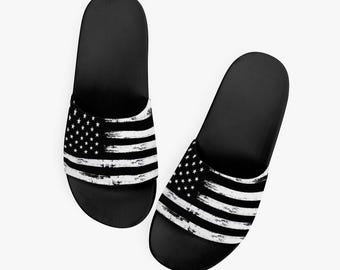 American Flag Slide Sandals, USA Patriot 4th of July Shoe Men Women Flat Wedge Slides Vegan Casual Designer Flip Flops Slip On Slippers