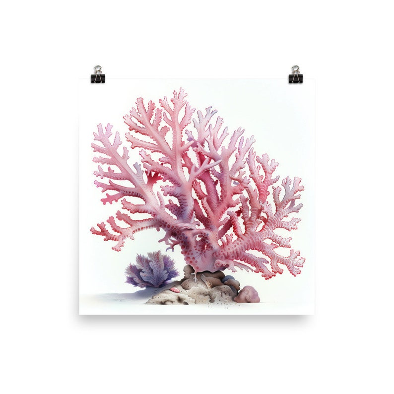 Coral Reef Poster Print, Pink Beach Watercolor Coastal Wall Art Square ...
