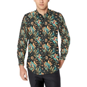 Floral Paisley Long Sleeve Men Button Up Shirt, Vintage Retro Boho Print Buttoned Down Collar Casual Dress Shirt with Chest Pocket