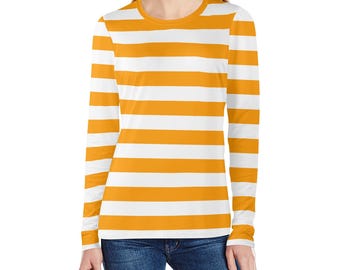 Orange and White Striped Women Long Sleeve Tshirt, Designer Stripe