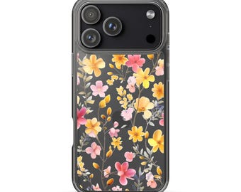 Capa transparente floral para iPhone 17, 16, 15, 14 Pro Max, com estampa de flores amarelas e rosas, fofa e colorida, compatível com iPhones 13, 12, 11 Mini, SE, XS, XR, X, 8 e 7.