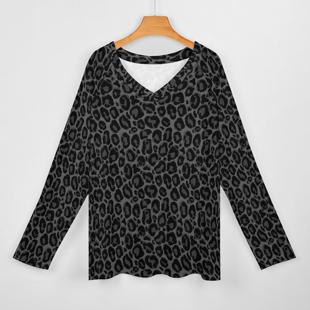 Black Leopard Women Long Sleeve Tshirt Loose Fit, Gray Animal