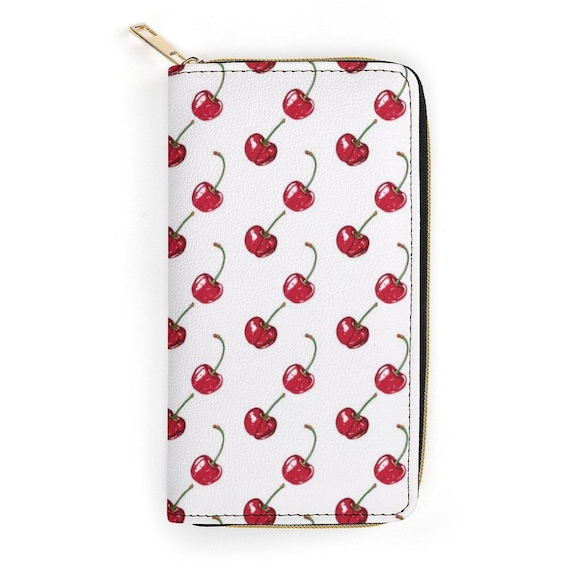 Cherry Leather Wallet Women, White Red Fruit Vegan Zipper Zip