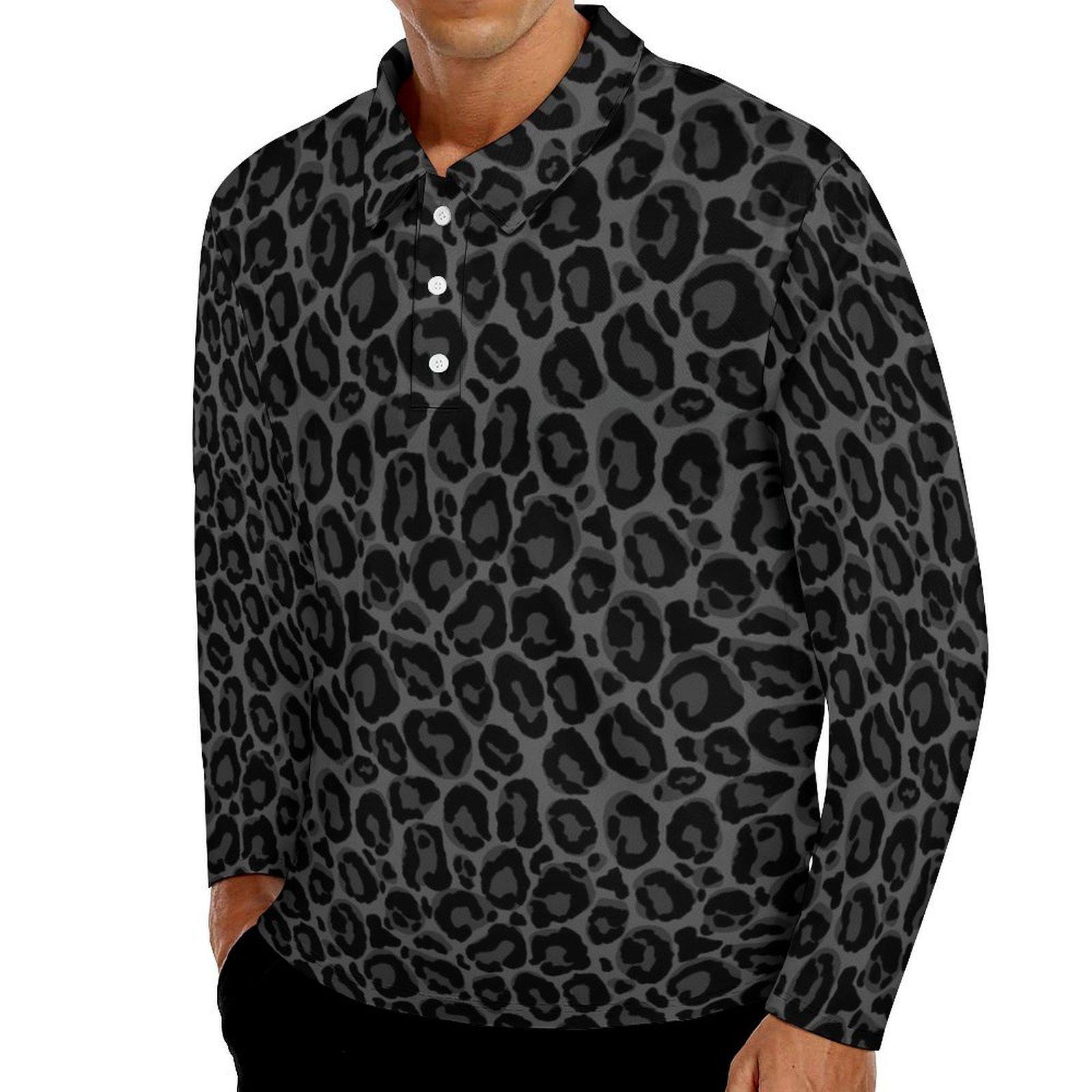 Black Leopard Men Long Sleeve Polo Shirt, Animal Print Grey Slim