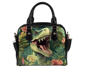 Dinosaur Purse, Dino T-rex Tropical Pattern Cute Small Shoulder Zip Bag Vegan Leather Women Ladies Designer Handbag Crossbody