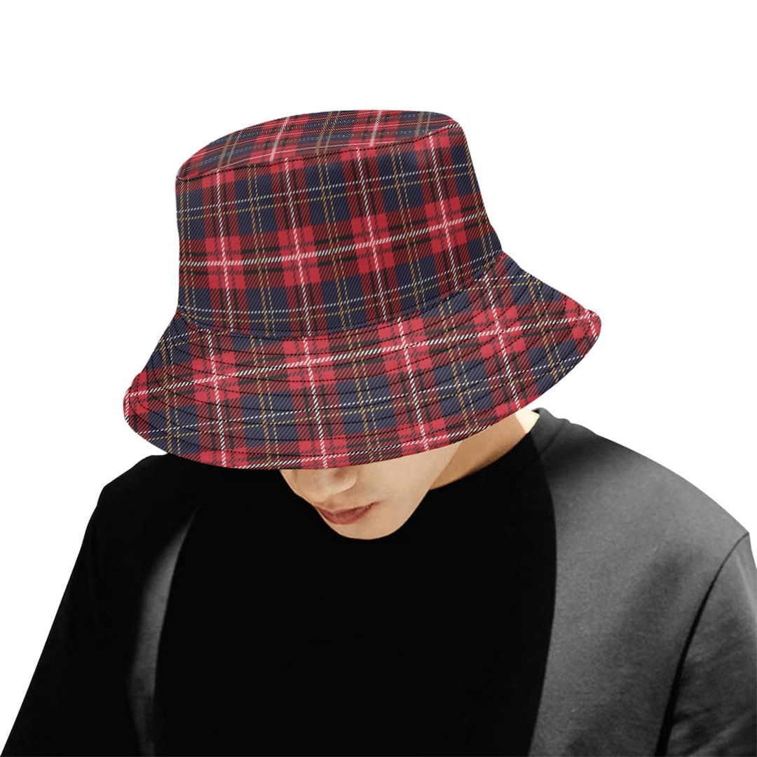 Red Plaid Bucket Hat Cap, Buffalo Plaid Tartan Blue Retro  display picture 2