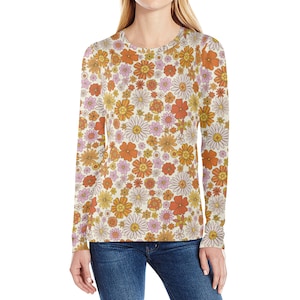 Groovy Flowers Women&#39;s Long Sleeve T Shirt, Retro Vintage Floral 70s Funky Designer Graphic Aesthetic Crew Neck Tee