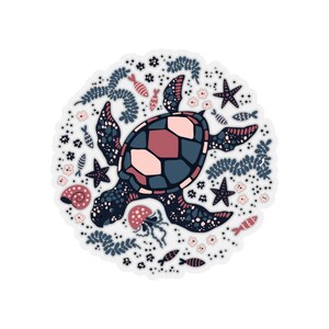 May include: A colorful illustration of a sea turtle swimming in a circle surrounded by coral, seaweed, starfish, and fish. The turtle is blue, pink, and black. The background is white.