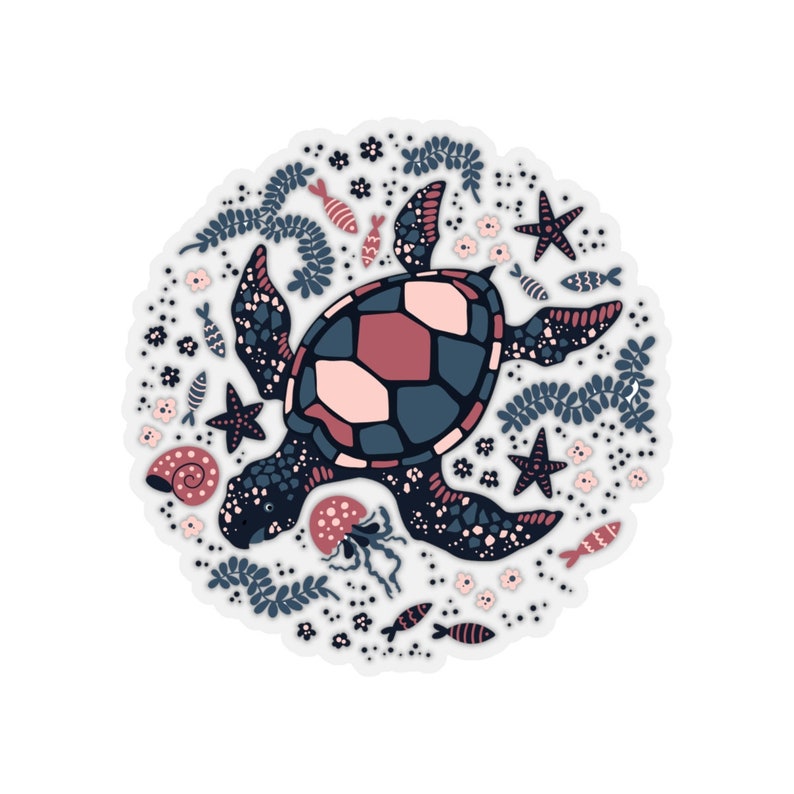 May include: A colorful illustration of a sea turtle swimming in a circle surrounded by coral, seaweed, starfish, and fish. The turtle is blue, pink, and black. The background is white.