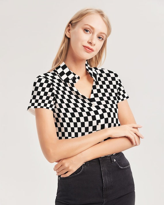 Black White Checkered Women Button up Shirt, Racing Check