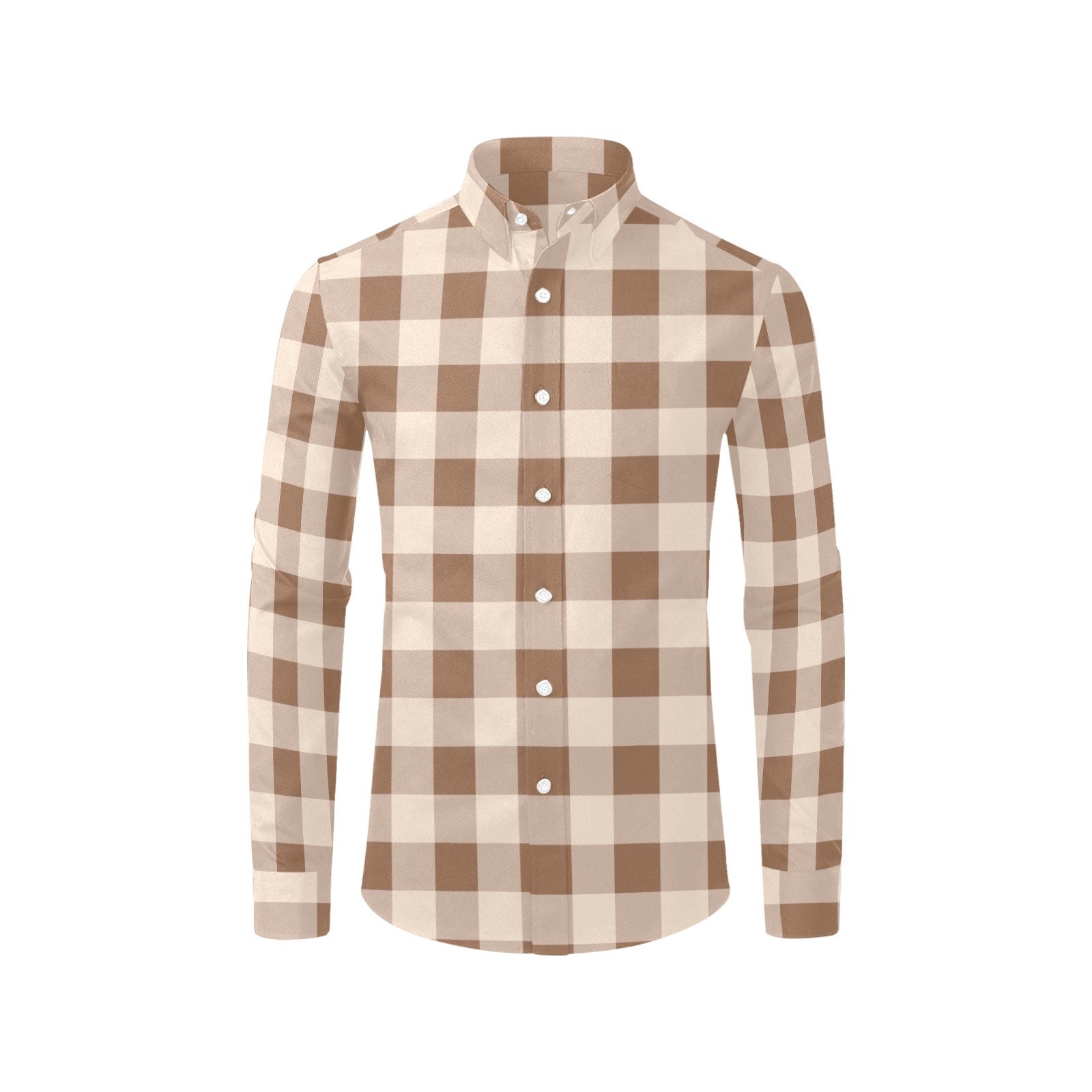 Light Brown Plaid Long Sleeve Men Button Up Shirt, Beige Cream Check Tartan Print Dress Buttoned Collar Dress Shirt with Chest Pocket Light Brown Plaid Long Sleeve Men Button Up Shirt, Beige Cream Check Tartan Print Dress Buttoned Collar Dress Shirt with Chest Pocket
