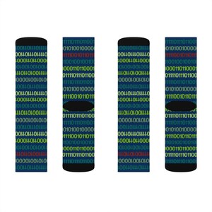 May include: Four pairs of blue socks with a binary code pattern in green, yellow, and red. The socks have a black cuff and toe.