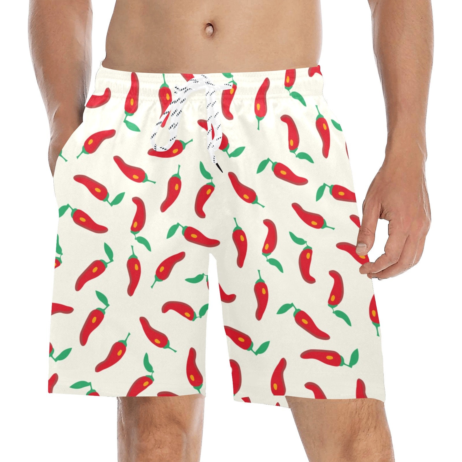 Hot Chili Pepper Men Mid Length Shorts, Funny Jalapeno Beach Swim