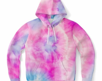 Cotton Candy Tie Dye Hoodie, Pink Blue Pullover Men Women Adult Aesthetic Graphic Female Hooded Sweatshirt with Pockets
