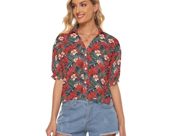 Chemise boutonnée rouge à fleurs tropicales pour femmes, chemisier de créateur à col en V et fleurs hibiscus, imprimé floral à manches courtes
