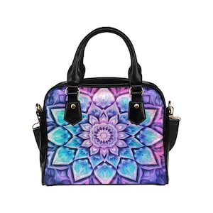 Purple Mandala Purse Handbag, Boho Shoulder Purse, Leather Handbag Print Small Mini Bag Vegan Women Ladies Designer Crossbody Tote