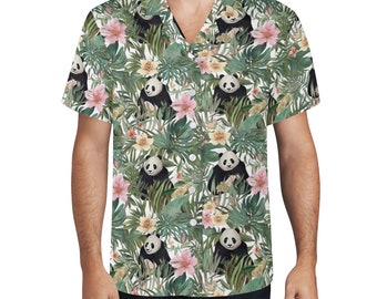 May include: A white short-sleeved button-up shirt with a tropical print featuring pandas, flowers, and leaves.