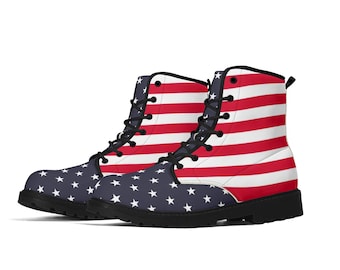 American Flag Women Leather Boots, Stars Stripes USA Red White Blue Patriotic Lace Up Shoes Festival Black Ankle Combat Work Ladies Vegan