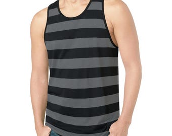 Black Grey Striped Tank Top Shirt, Gray Horizontal Wide Stripe Men Guys Male Sleeveless Festival Workout Fitness Sports Summer Muscle Tee