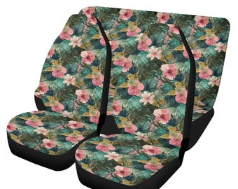 Pink Floral Front and Back Car Seat Covers Full Set (4 pcs), Flowers Tropical Auto Dog Pet Vehicle SUV Universal Protector Accessory Women