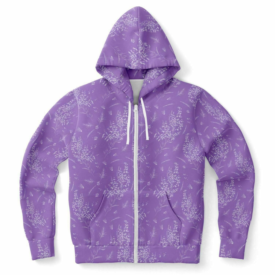 Lavender Zip up Hoodie, Floral Flowers Purple Front Zipper Lavender Zip up Hoodie, Floral Flowers Purple Front Zipper