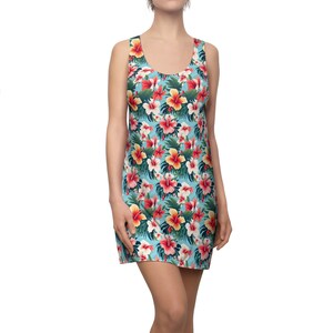 Hawaiian Flowers Women Dress, Tropical Floral Beach Cover Up Summer Sleeveless Cocktail Mini Cute Handmade Designer Racerback Tank