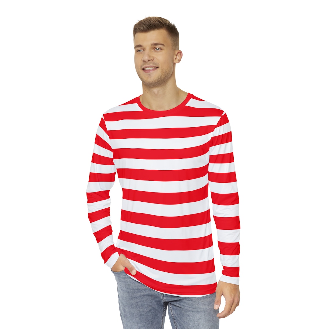 familiar ストライプ柄長袖Tシャツ 赤と白のストライプ柄メンズ長袖Tシャツ、ユニセックスレディース