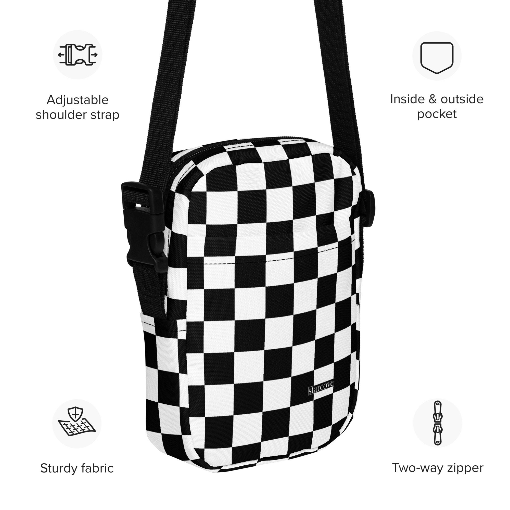 【typeservice】Checkered Button Pocket Bag Checkered Crossbody Bag Purse, Black White Check Women Men