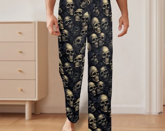 Skull Halloween Men Pajamas Pants Black Skeleton Spooky Horror Gothic Satin PJ Pockets Sleep Lounge Trousers Couples Matching Bottoms Etsy