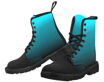 Black Blue Ombre Women's Combat Boots, Gradient Dip Tie Dye Vegan Canvas Lace Up Shoes Print Army Ankle Winter Punk Casual Custom Gift