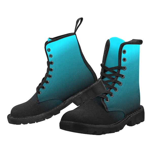 Black Blue Ombre Women's Combat Boots, Gradient Dip Tie Dye Vegan Canvas Lace Up Shoes Print Army Ankle Winter Punk Casual Custom Gift