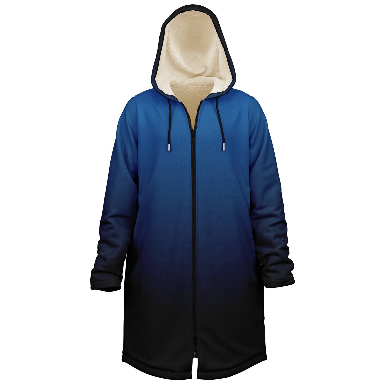 Black Blue Ombre Hooded Fleece Cloak Zipper Jacket, Tie Dye Coat