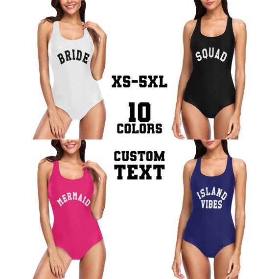 CUSTOM Swimsuit, Personalized TEXT, Bride Squad Bachelorette, Plus