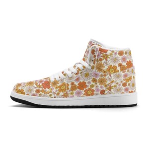 Pink Floral Women High Top Leather Shoes, Retro Vintage Flowers Lace Up Sneakers Footwear Vegan Streetwear Ladies White Trainers Designer