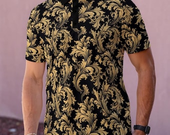 Baroque Men Polo Shirt, Gold Black Luxury Guys Golf Casual Summer Buttoned Down Up Collared Short Sleeve Sports Tshirt Tee Designer Top